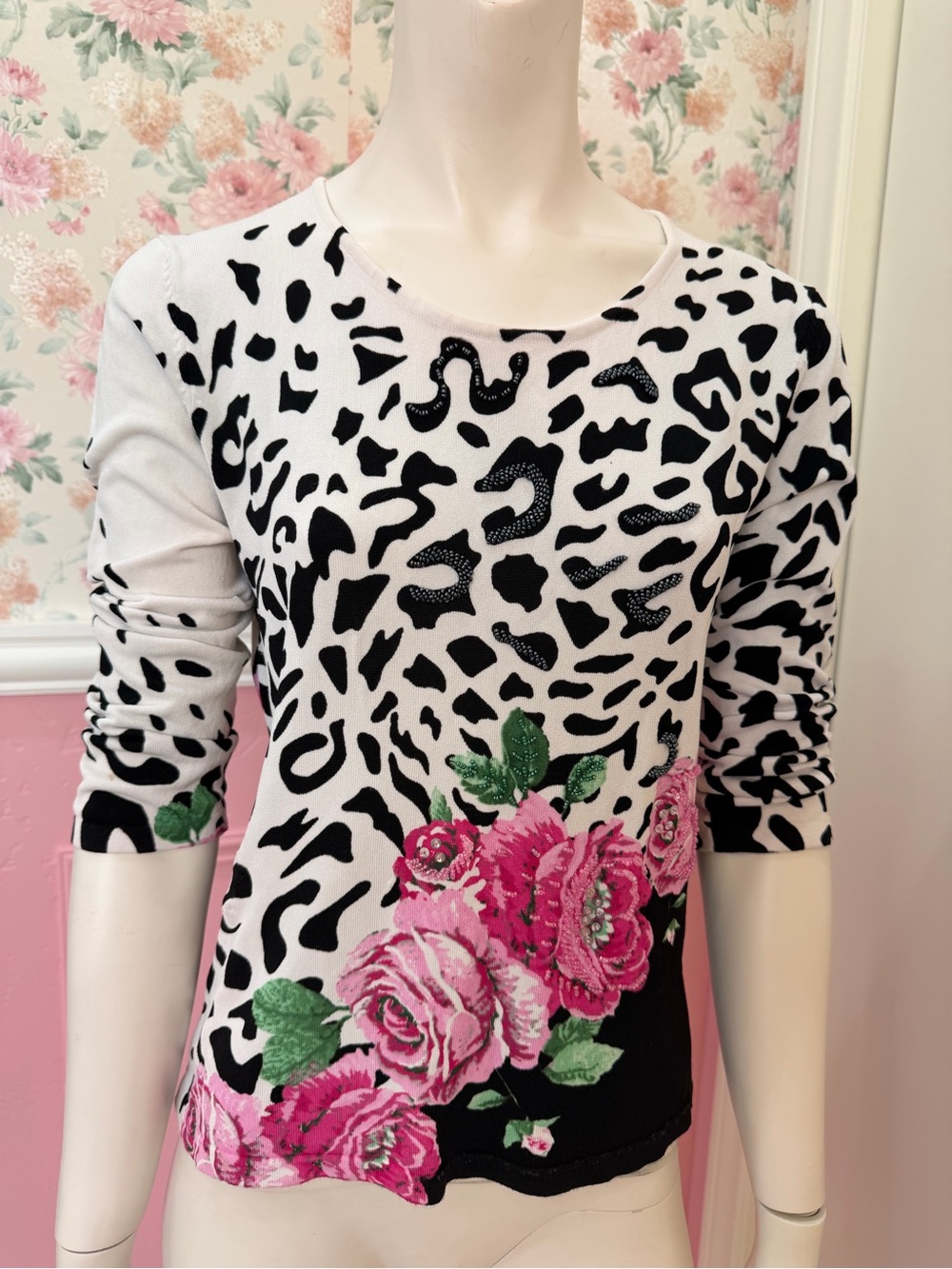 Pierri New York Pink Black Floral Leopard Knit Top